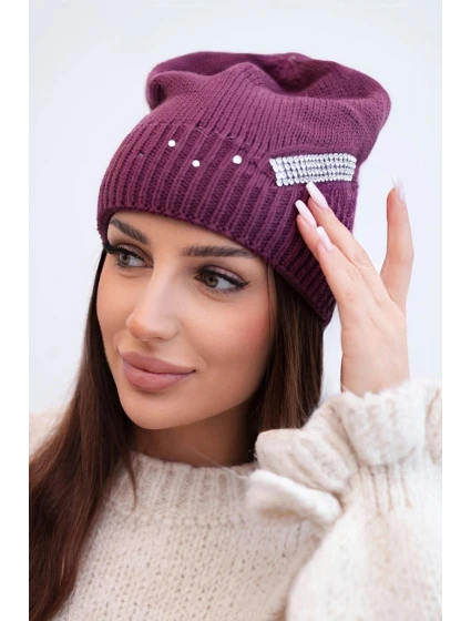 Dámska zimná vlnená čiapka s ozdobným zirkónovým pásom K402 tmavo fialová