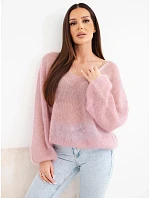 Dámský svetr ze 70 % kid mohéru s výstřihem do V v model 22391354 střihu pudrová růžová - K-Fashion
