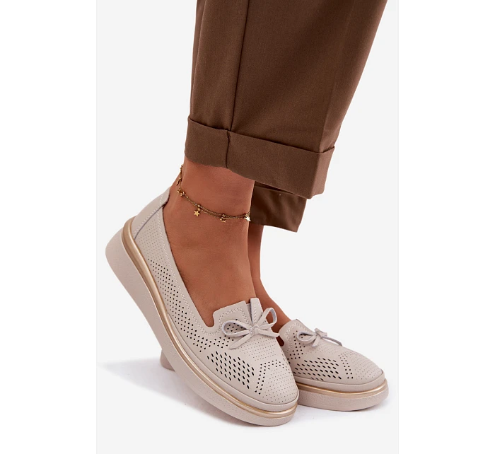 Kožené perforované polobotky na platformě LR61-7043 Béžové