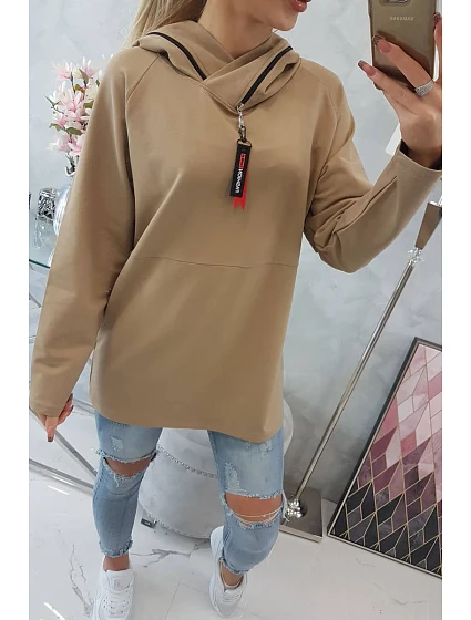 Oversize velbloudí tunika na zip s kapucí