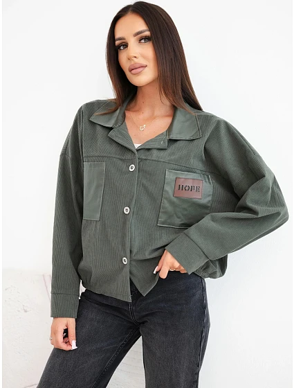 Dámská manšestrová bunda s kapsami a model 22347736 khaki - K-Fashion Dámská manšestrová bunda s kapsami a model 22347736 khaki - K-Fashion
