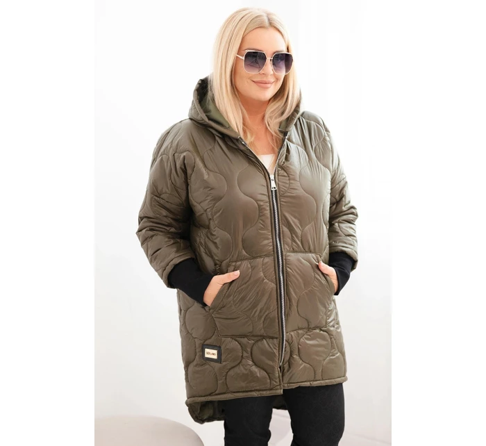 Dámske Plus veľkosť zimná bunda prešívané s kapucňou Khaki Dámske Plus veľkosť zimná bunda prešívané s kapucňou Khaki