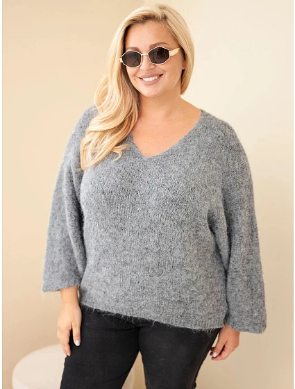 Dámský svetr Plus Size s výstřihem do V a širokým rukávem šedý