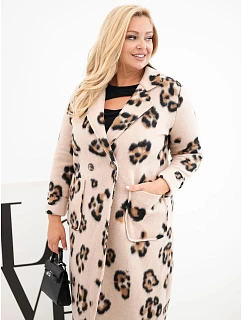 Dámský elegantní kabát Plus Size s klopami leopardí béžový