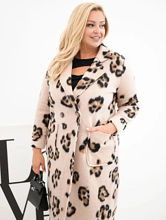 Dámsky elegantný kabát vo veľkosti Plus Size s klopami, leopardí vzor, béžový