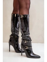 Lakierowane Kozaki Na Szpilce Z Klamrami Czarne Emiraethe