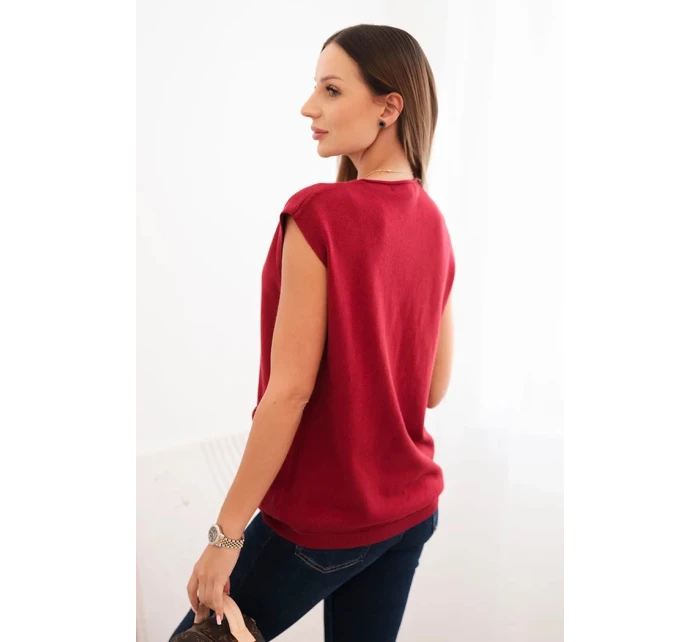 Dámský viskózový svetr bez rukávů s kapsami a V výstřihem bordový