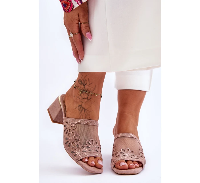 Síťované pantofle na podpatku model 21619113 Nude - S.Barski