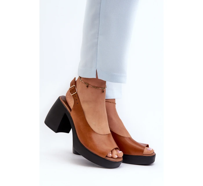 Zazoo 40376 Skórzane Sandały Na Masywnym Obcasie Brązowe