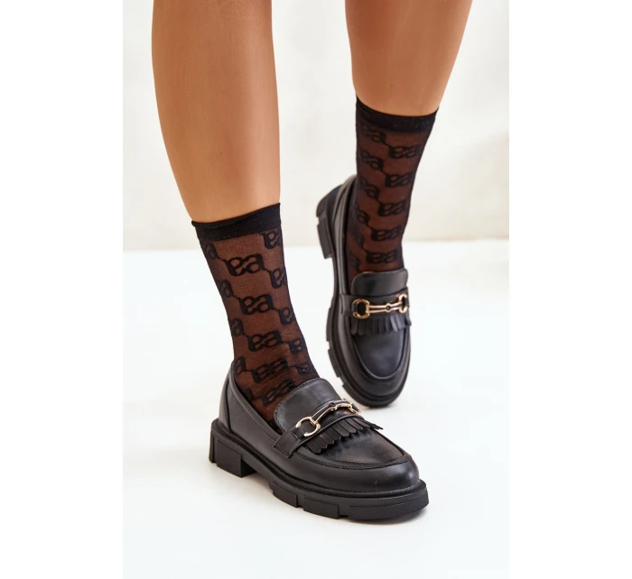 Mokasyny Damskie Z Ozdobą Eko Skórzane Czarne Tialorae