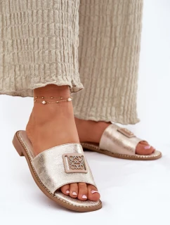 Damskie Klapki Na Płaskim Obcasie Z Ozdobą S.Barski KV51-089 Złote