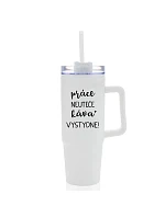 PRÁCA NEVYHOVUJE, KÁVA VYPADÁ SKVELO! - biely cestovný termohrnček s priehľadným viečkom 900 ml
