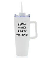 PRÁCA NEVYHOVUJE, KÁVA VYPADÁ SKVELO! - biely cestovný termohrnček s priehľadným viečkom 900 ml