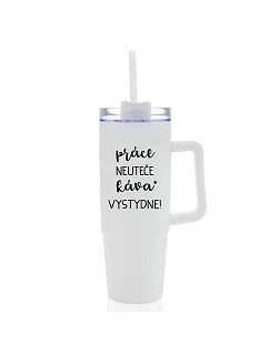 PRÁCA NEVYHOVUJE, KÁVA VYPADÁ SKVELO! - biely cestovný termohrnček s priehľadným viečkom 900 ml