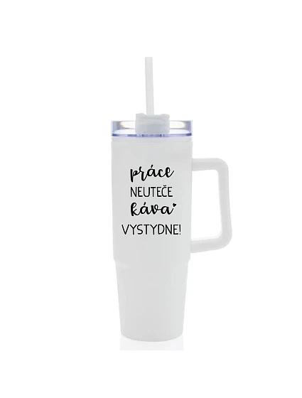 PRÁCA NEVYHOVUJE, KÁVA VYPADÁ SKVELO! - biely cestovný termohrnček s priehľadným viečkom 900 ml