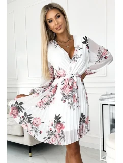 415-2 YSABEL Plisované šaty s výstrihom, dlhými rukávmi a opaskom - WHITE IN PINK