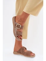 Klapki Damskie Z Klamrą I Rzepem INBLU MK000013 Brązowe