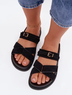 Dámské pantofle s pásky a zlatým přezkou Černé Selorina