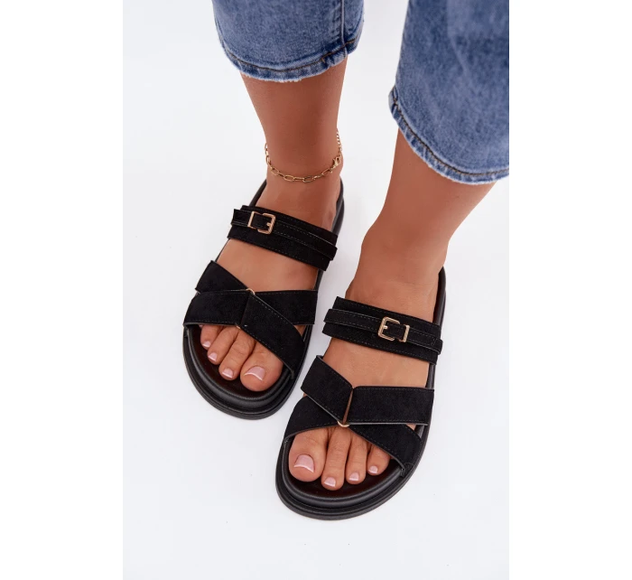 Dámské pantofle s pásky a zlatým přezkou Černé model 21954646 - Boto Dámské pantofle s pásky a zlatým přezkou Černé model 21954646 - Boto