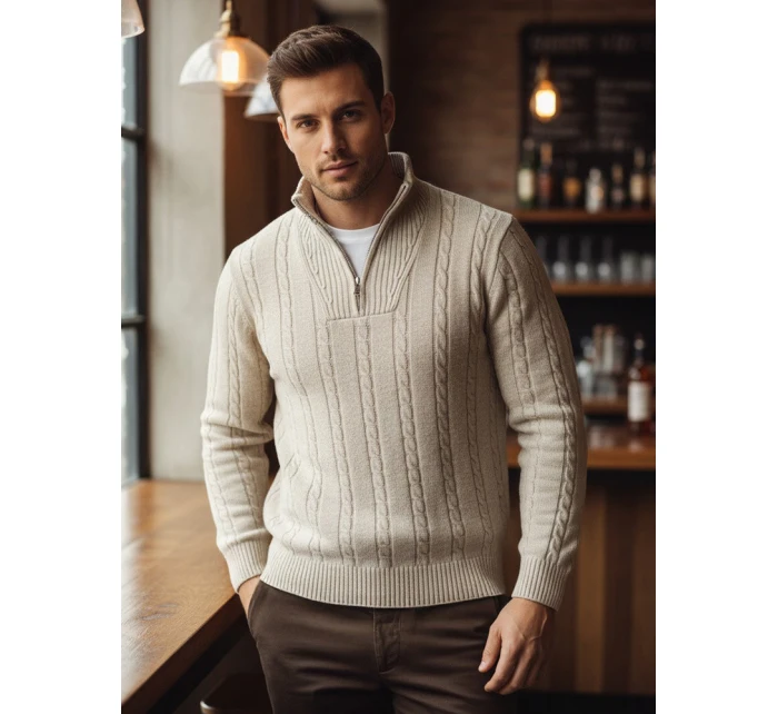 Pánsky sveter so stojacím golierom béžovej farby FashionStreet WX2327