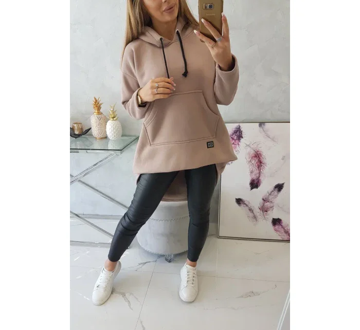 Zateplená mikina s dlouhými zády a kapucí tmavě béžová