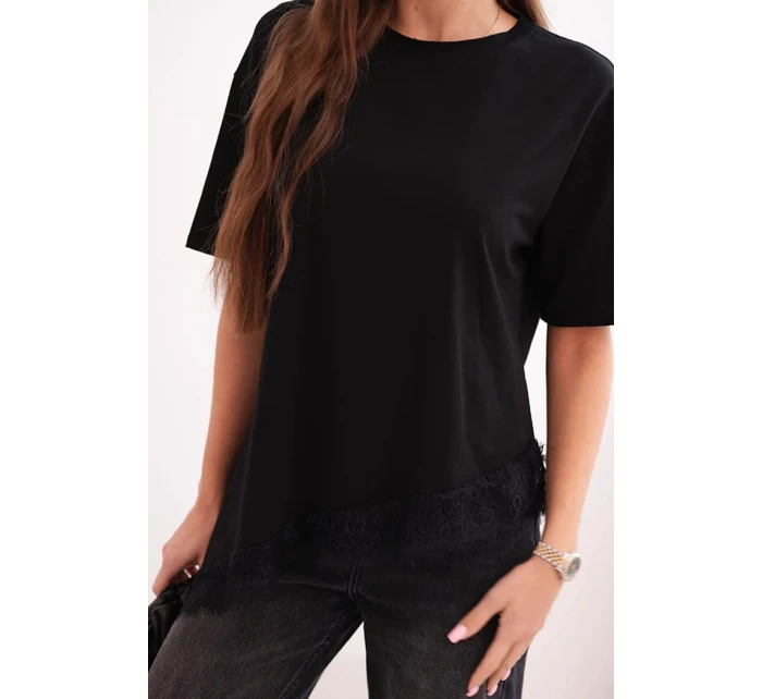 Dámska asymetrická bavlnená blúzka s čipkovanou spodnou časťou čierna Dámska asymetrická bavlnená blúzka s čipkovanou spodnou časťou čierna