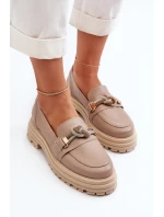 Skórzane Mokasyny Damskie Z Ozdobą Laura Messi 2780 Ciemnobeżowe