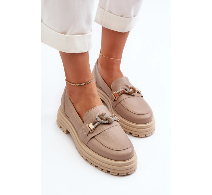 Skórzane Mokasyny Damskie Z Ozdobą Laura Messi 2780 Ciemnobeżowe