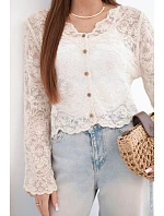 Dámsky bavlnený čipkovaný sveter s dlhými rukávmi béžovej farby