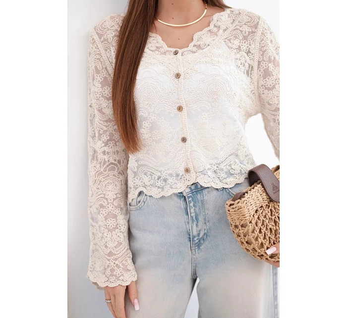 Dámsky bavlnený čipkovaný sveter s dlhými rukávmi béžovej farby