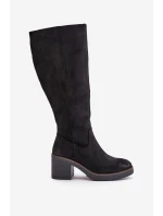 Zateplené kozačky na podpatku eko semišové nad koleno černé model 21675737 - Boto