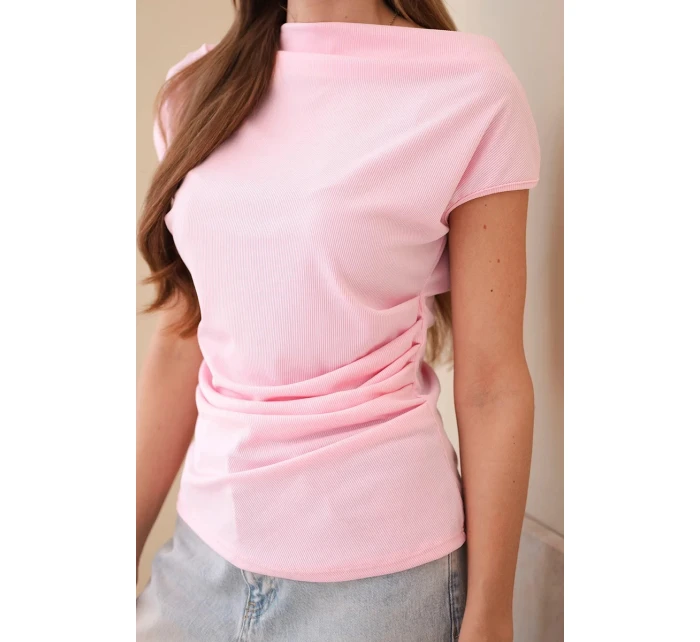 Dámska rebrovaná blúzka z viskózy s vodopádovým výstrihom a riasením candy pink
