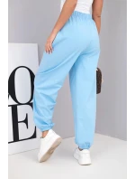 Dámské bavlněné kalhoty s vysokým pasem a ozdobným knoflíkem modré