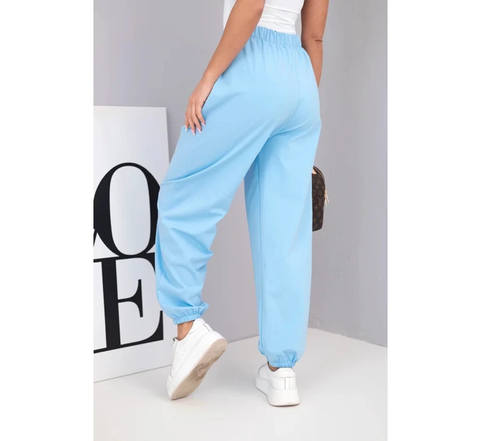 Dámské bavlněné kalhoty s vysokým pasem a ozdobným knoflíkem modré