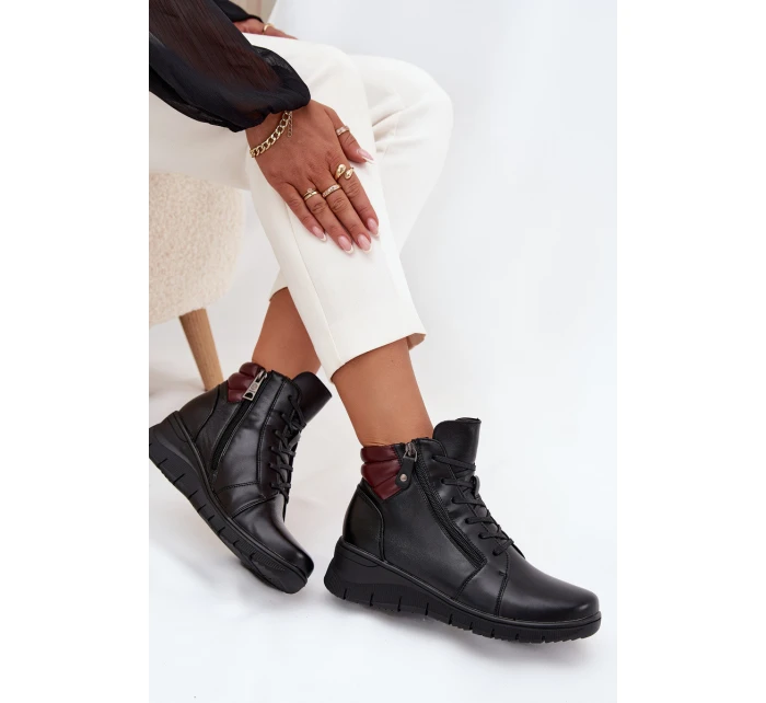 Skórzane Botki Damskie Na Koturnie Ocieplane Vinceza 39963 Czarne