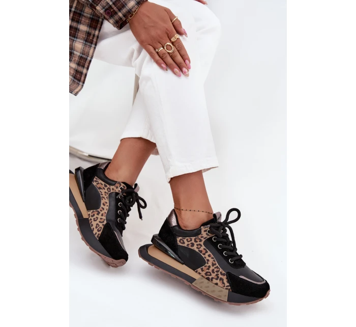 Dámske kožené tenisky na platforme s leopardím vzorom Artiker - čierne Dámske kožené tenisky na platforme s leopardím vzorom Artiker - čierne