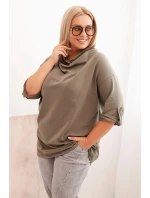 Dámská blůza Plus Size s bavlnou volného střihu s vodním výstřihem khaki Dámská blůza Plus Size s bavlnou volného střihu s vodním výstřihem khaki