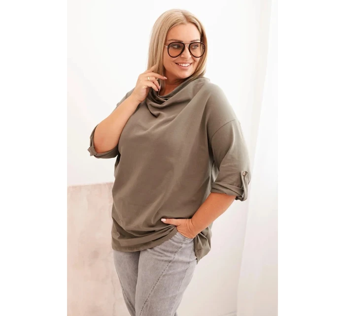 Dámská blůza Plus Size s bavlnou volného střihu s vodním výstřihem khaki Dámská blůza Plus Size s bavlnou volného střihu s vodním výstřihem khaki