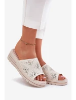 Skórzane Klapki Damskie Na Koturnie Vinceza 41477 Beżowe