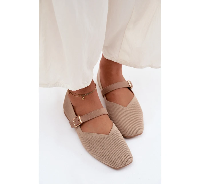 Baletky z pruhovaného materiálu s páskem a sponou tmavě béžové Calvra