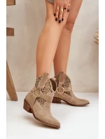 Zamszowe Botki Kowbojki Ażurowe Na Obcasie Zazoo 2994 Beżowe