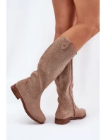 Kozaki Na Płaskim Obcasie Z Ażurowym Wzorem S.Barski HY51-062 Beżowe