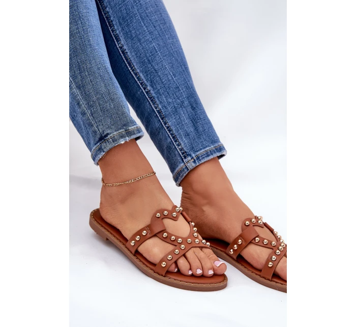 Zdobione Płaskie Klapki Damskie Camel Adivrae