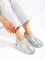 Módne poltopánky dámske Srebrny bez podpätku Módne poltopánky dámske Srebrny bez podpätku