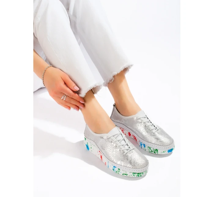 Módne poltopánky dámske Srebrny bez podpätku Módne poltopánky dámske Srebrny bez podpätku