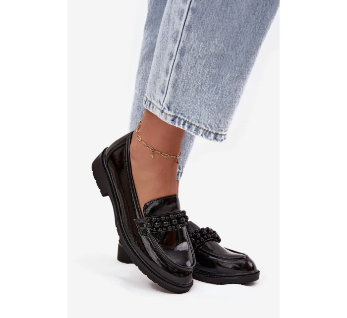 Mokasyny Damskie Lakierowane Z Koralikami S.Barski HY52-541 Czarne