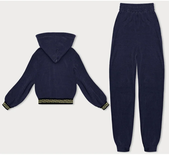 Tmavo modrý teplákový rebrovaný komplet s ozdobnými sťahovacími lemami (AMG-345A) Tmavo modrý teplákový rebrovaný komplet s ozdobnými sťahovacími lemami (AMG-345A)