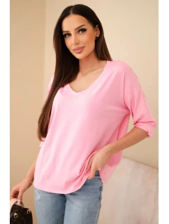 Dámska bavlnená blúzka s výstrihom do V a dlhými rukávmi svetlo ružová