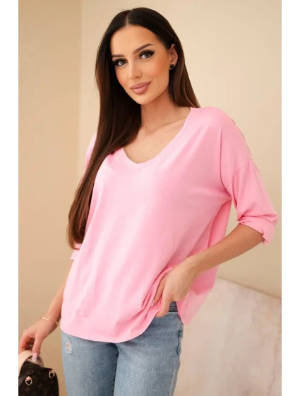 Dámska bavlnená blúzka s výstrihom do V a dlhými rukávmi svetlo ružová