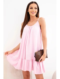 Dámske viskózové šaty bez ramienok s volánom a viazacím pásom candy pink